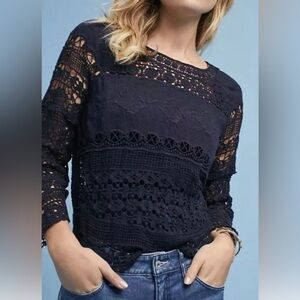 Deletta XZL (Anthropologie) Blue Crochet Long Sleeve Blouse Hi/Low Hem